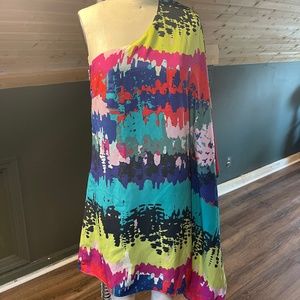 One shoulder bright flowy kaftan abstact print mini dress
